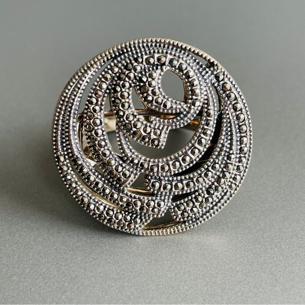 Vintage Judith Jack JJ Sterling Silver Millegrain Round Disc Ring W/ Mar…